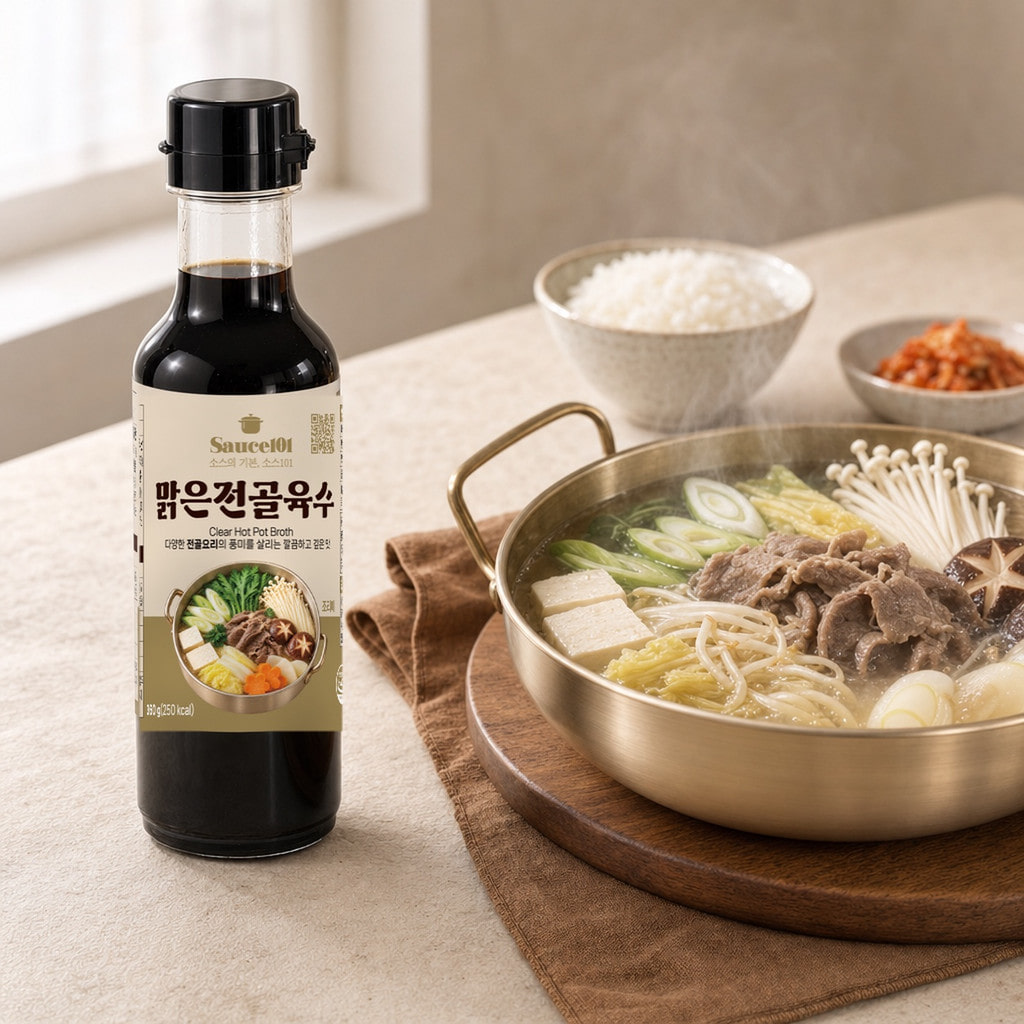 Sauce101 Clear Hot Pot Broth beside a prepared hot pot